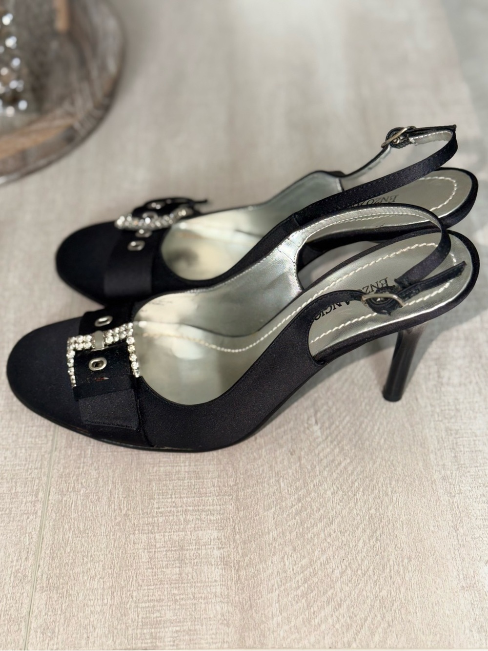 Enzo Angiolini Black Satin Heels with Crystal Buckle Sz: 7
